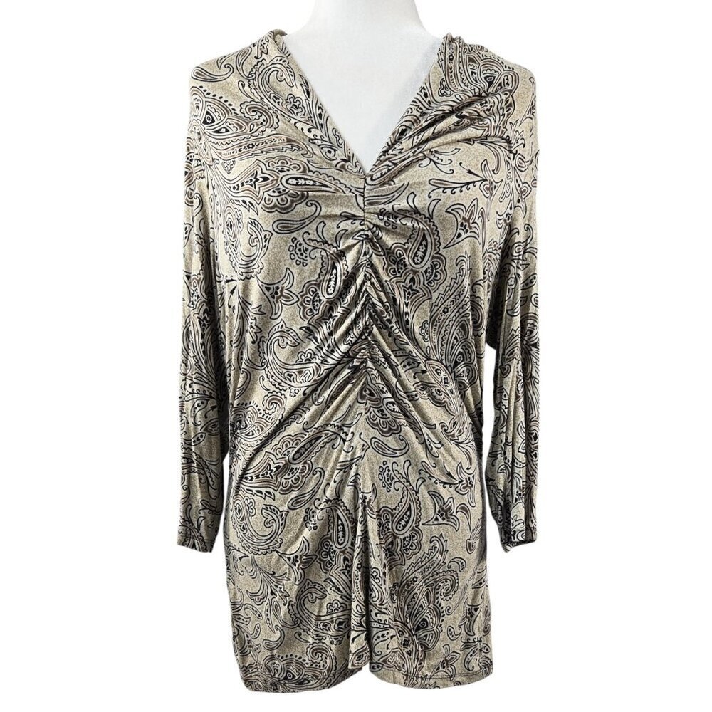 Ann Taylor Tan Paisley Ruched V-Neck Blouse Boho Dressy Office Stretch